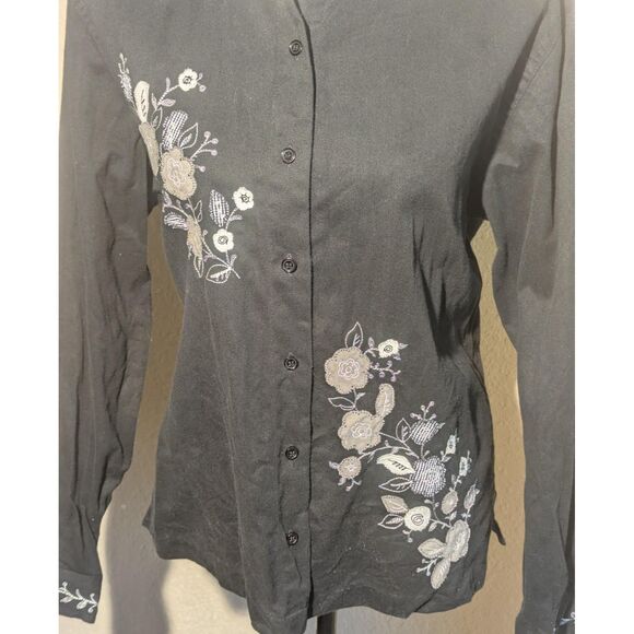 Bechamel Black Floral Embroidery Button Down Shirt Blouse Medium - Picture 4 of 6